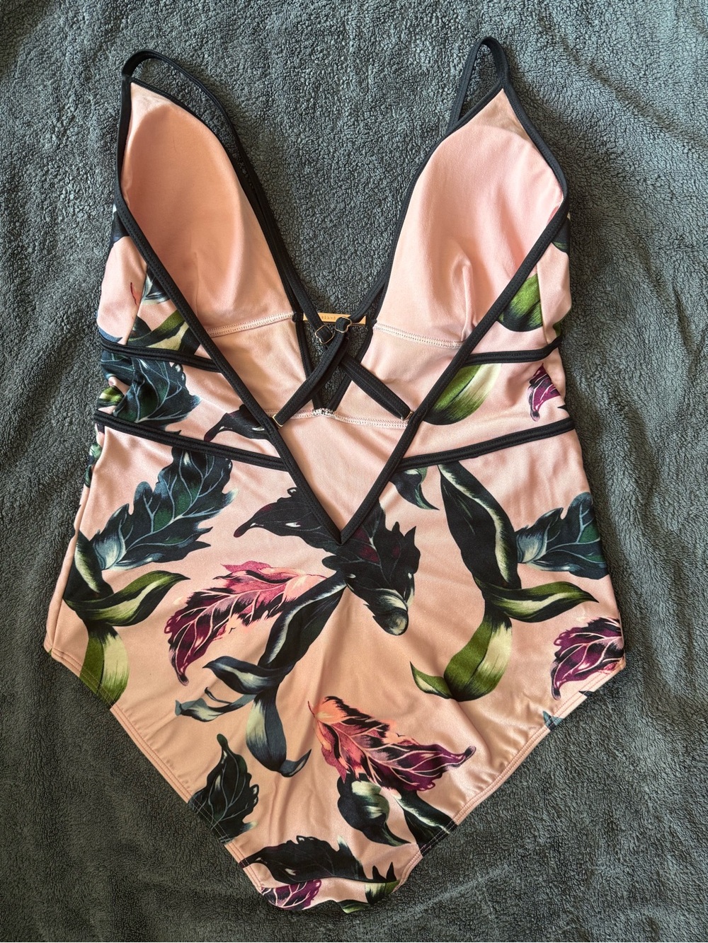 Ted Baker London Pink Floral Plunge One-Piece Swimsuit with Rose Gold Hardware - Picture 2 of 2